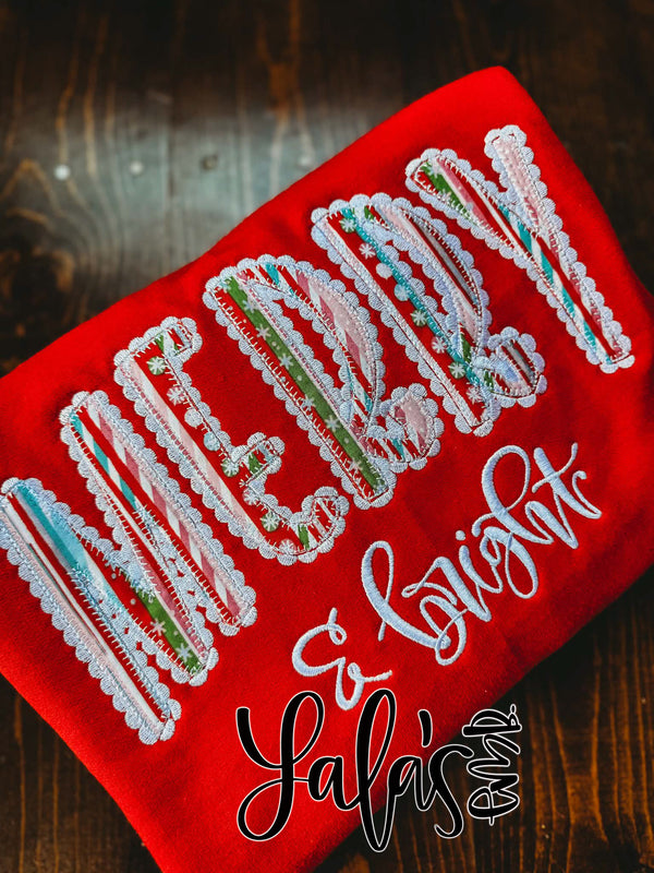 Merry and Bright Applique + Embroidery Design - Lace Trim + Blanket Stitch
