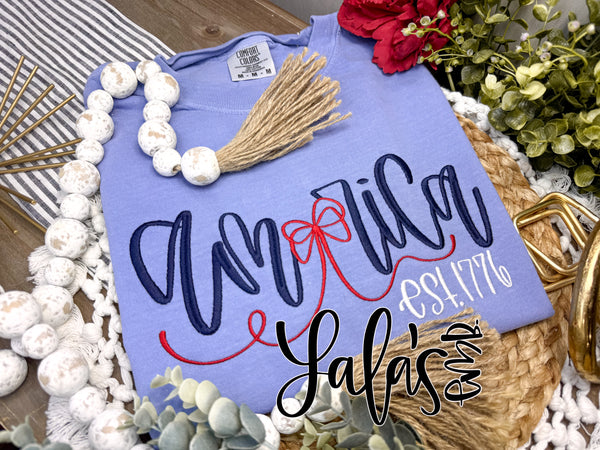 America + Bow Est 1776 - Hand Lettered Embroidery Design - Custom Made by LaLa's